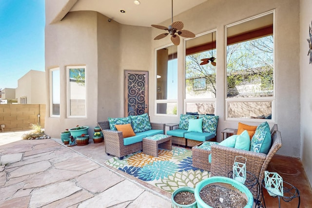 9840 Cameron St NW, Albuquerque, NM 87114 - view of patio / terrace with fence, outdoor lounge area, and a ceiling fan