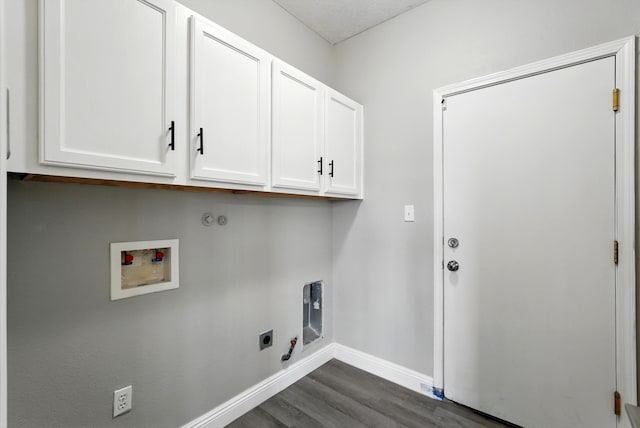 7327 Hearthstone Rd NW, Albuquerque, NM 87114 - laundry area with cabinet space, washer hookup, baseboards, hookup for a gas dryer, and dark wood finished floors