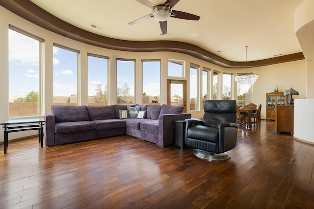 4701 Mi Cordelia Dr NW, Albuquerque, NM 87120 - living room with a chandelier, dark wood-style flooring, and a ceiling fan