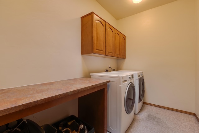 4701 Mi Cordelia Dr NW, Albuquerque, NM 87120 - laundry room featuring washer and dryer, light colored carpet, cabinet space, and baseboards