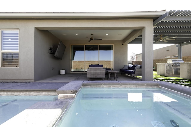 view of pool with a pergola, a ceiling fan, area for grilling, an outdoor living space, and a patio