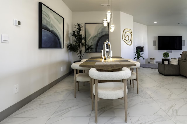 dining space featuring marble finish floor, baseboards, visible vents, and recessed lighting