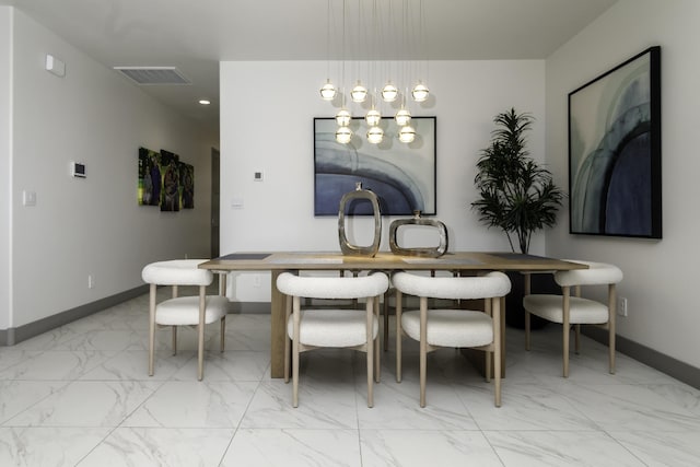 dining area featuring marble finish floor, baseboards, visible vents, and recessed lighting