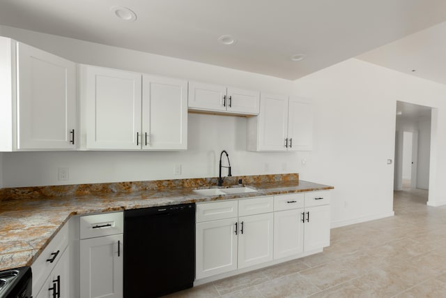 kitchen featuring range with electric stovetop, a sink, stone counters, black dishwasher, and white cabinetry