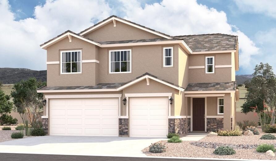 3036 Donita Ln NE, Rio Rancho, NM 87144 - view of front of home featuring stucco siding, an attached garage, driveway, stone siding, and a mountain view