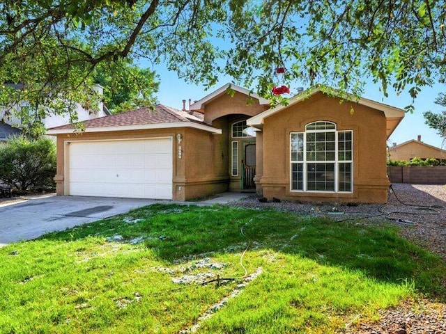 9712 Monteria Ct NW, Albuquerque, NM 87114 - ranch-style house with an attached garage, concrete driveway, a front yard, and stucco siding