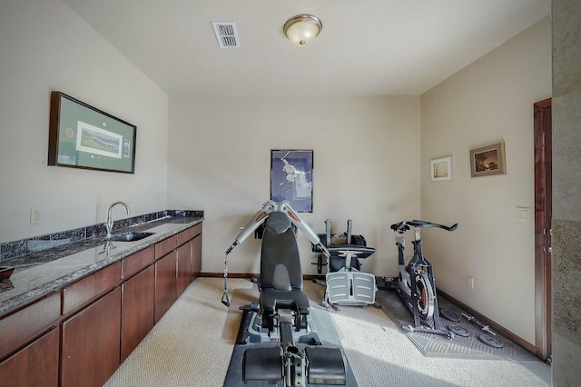 workout area featuring light carpet, visible vents, baseboards, and a sink