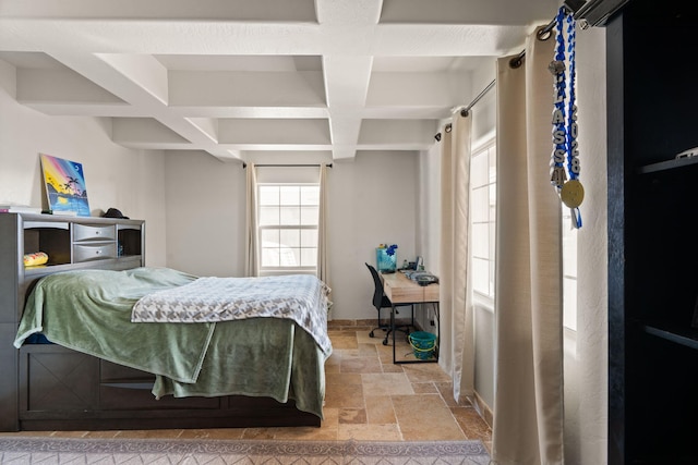 2912 William St SE, Albuquerque, NM 87102 - bedroom featuring coffered ceiling, stone tile flooring, beamed ceiling, and baseboards
