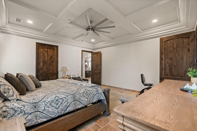 2912 William St SE, Albuquerque, NM 87102 - bedroom with coffered ceiling, beamed ceiling, stone tile floors, and visible vents