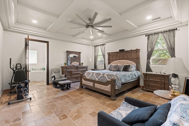 2912 William St SE, Albuquerque, NM 87102 - bedroom featuring a ceiling fan, stone tile floors, coffered ceiling, beam ceiling, and visible vents