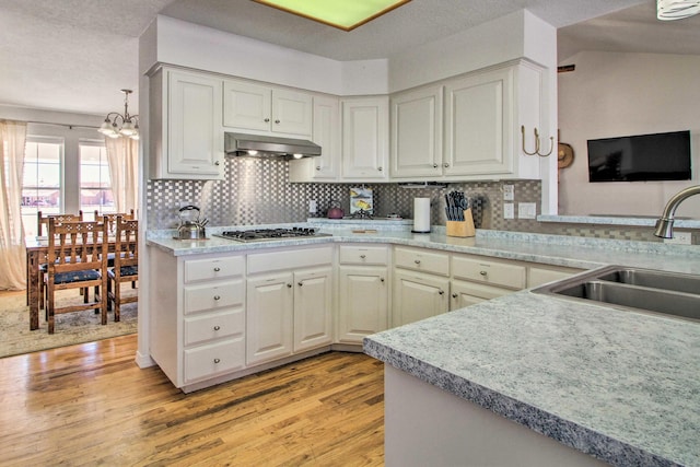 kitchen featuring light wood finished floors, stainless steel gas cooktop, a sink, tasteful backsplash, and under cabinet range hood