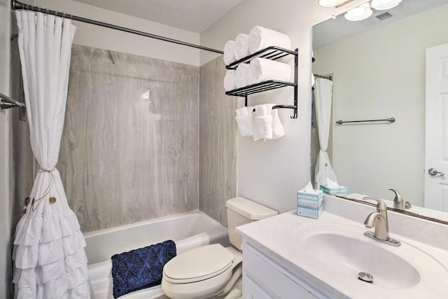 full bath featuring shower / tub combo, toilet, vanity, and visible vents