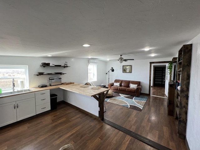 living room featuring ceiling fan, baseboards, dark wood-style floors, and recessed lighting