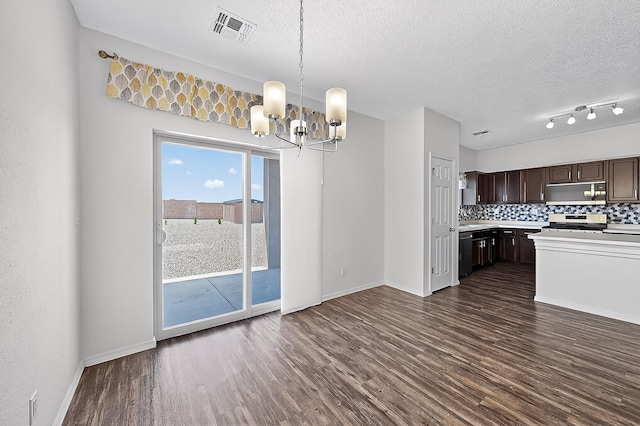 6300 Gannett Dr NE, Rio Rancho, NM 87144 - kitchen with a chandelier, dark wood-type flooring, stainless steel electric range oven, light countertops, and dark brown cabinets