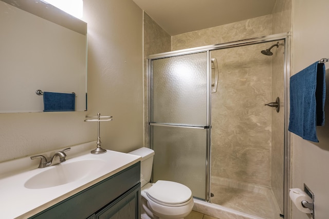 full bathroom with vanity, a stall shower, and toilet