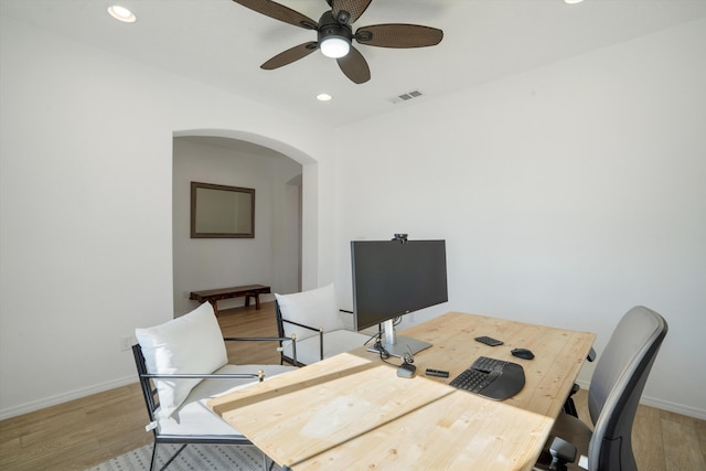 3003 Turquesa SE, Rio Rancho, NM 87124 - office space with arched walkways, a ceiling fan, light wood-style flooring, recessed lighting, and baseboards