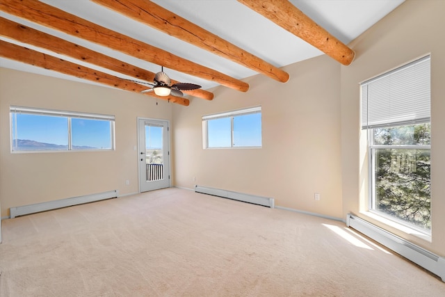 unfurnished room featuring carpet floors, beam ceiling, and baseboard heating