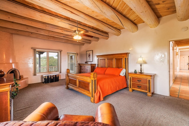 bedroom with wood ceiling, carpet floors, and beam ceiling