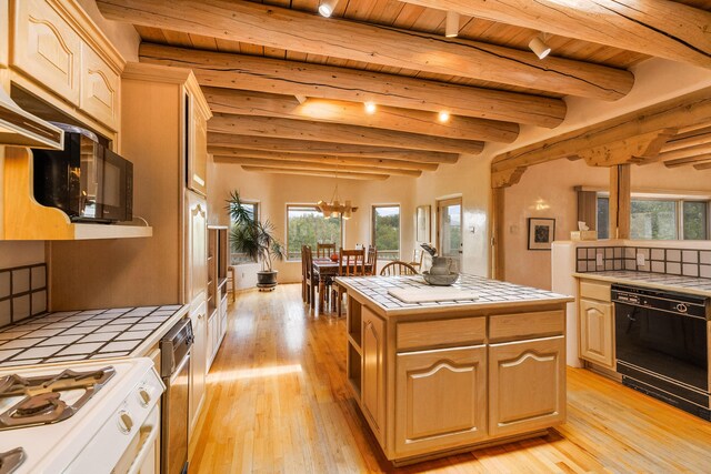 kitchen with tile countertops, a wealth of natural light, dishwasher, and gas stove