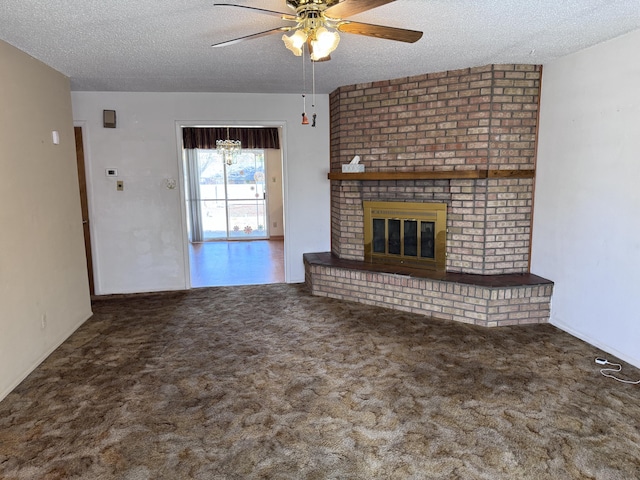 6329 Prairie Rd NE, Albuquerque, NM 87109 - unfurnished living room with a brick fireplace, carpet flooring, a textured ceiling, and ceiling fan