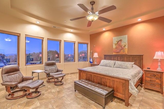 255 Diamond Tail Rd, Placitas, NM 87043 - bedroom with a tray ceiling, recessed lighting, and a ceiling fan