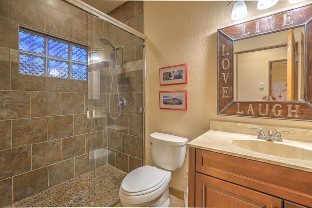 255 Diamond Tail Rd, Placitas, NM 87043 - bathroom with a textured wall, vanity, and a shower stall