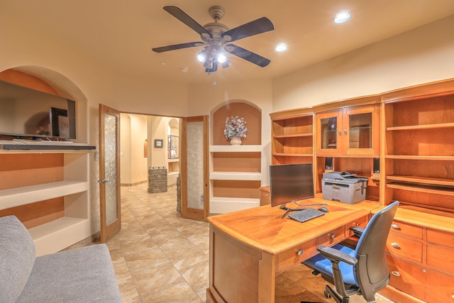 255 Diamond Tail Rd, Placitas, NM 87043 - office area with a ceiling fan, recessed lighting, and light tile patterned floors