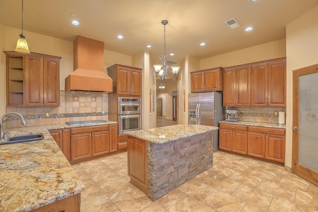255 Diamond Tail Rd, Placitas, NM 87043 - kitchen featuring premium range hood, appliances with stainless steel finishes, open shelves, backsplash, and light stone countertops