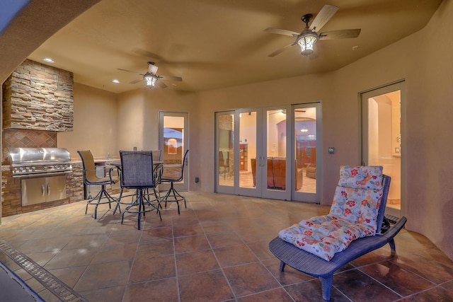 255 Diamond Tail Rd, Placitas, NM 87043 - view of patio / terrace featuring ceiling fan, area for grilling, french doors, and outdoor dining space