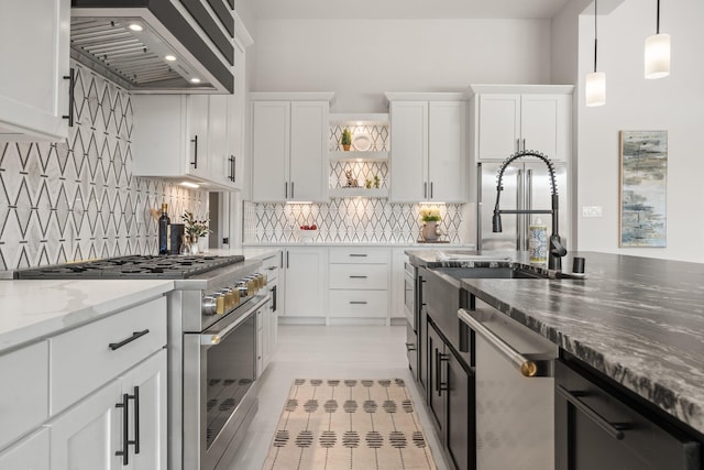 262 Diamond Tail Rd, Placitas, NM 87043 - kitchen featuring open shelves, custom exhaust hood, white cabinets, a sink, and stainless steel appliances