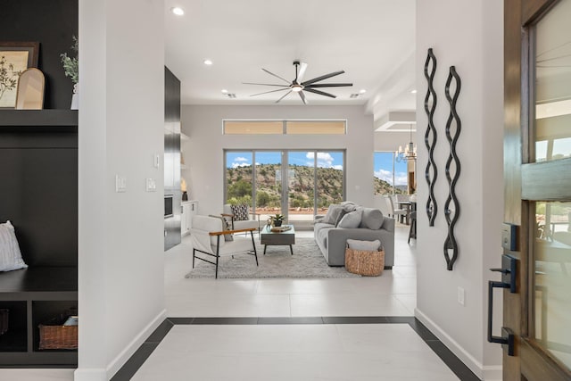 262 Diamond Tail Rd, Placitas, NM 87043 - living area featuring a ceiling fan, baseboards, recessed lighting, and tile patterned floors