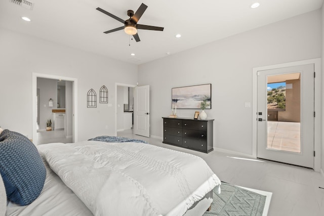 262 Diamond Tail Rd, Placitas, NM 87043 - bedroom with connected bathroom, recessed lighting, a ceiling fan, and visible vents