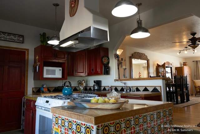 kitchen with a sink, white appliances, ventilation hood, pendant lighting, and wood finished floors