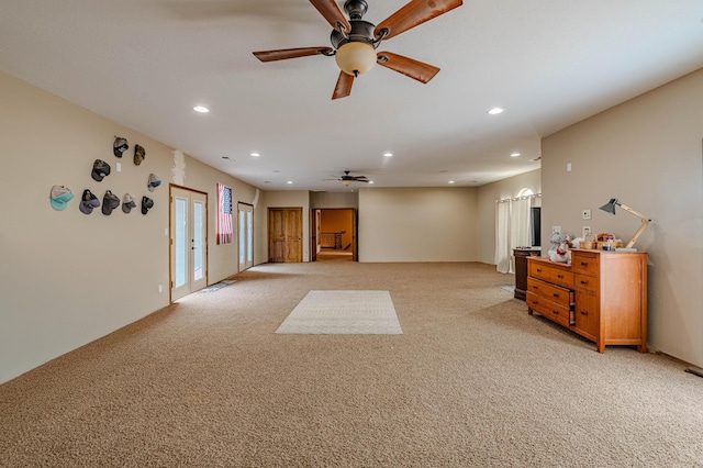 5016 Frontier Rd NE, Rio Rancho, NM 87144 - living room featuring recessed lighting, light carpet, and ceiling fan