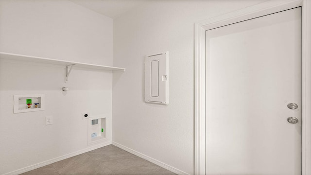 washroom with hookup for a washing machine, hookup for an electric dryer, electric panel, laundry area, and hookup for a gas dryer