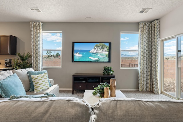 living room featuring light colored carpet, baseboards, and visible vents