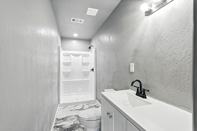 full bath with a shower stall, marble finish floor, toilet, and visible vents