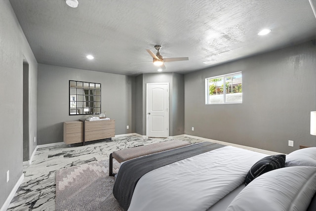 bedroom featuring recessed lighting, marble finish floor, baseboards, and ceiling fan
