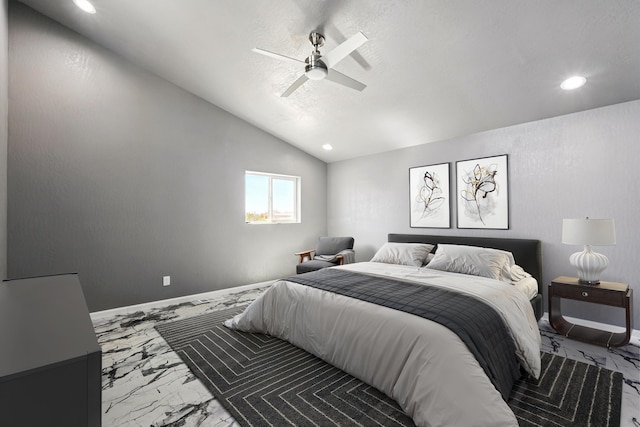 bedroom featuring marble finish floor, vaulted ceiling, ceiling fan, and recessed lighting