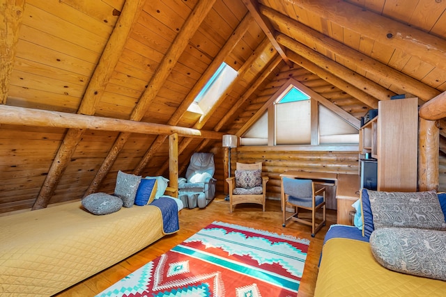 387 County Rd B64, Pecos, NM 87552 - living area featuring wooden ceiling, rustic walls, wood finished floors, and a skylight