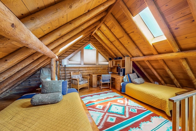 387 County Rd B64, Pecos, NM 87552 - bedroom featuring rustic walls, a skylight, wood ceiling, and wood finished floors