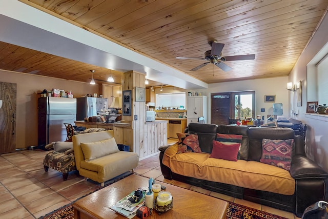 387 County Rd B64, Pecos, NM 87552 - living room featuring wood ceiling, light tile patterned floors, and a ceiling fan