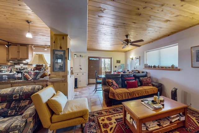 387 County Rd B64, Pecos, NM 87552 - living area with wood ceiling, a ceiling fan, light tile patterned floors, and rail lighting