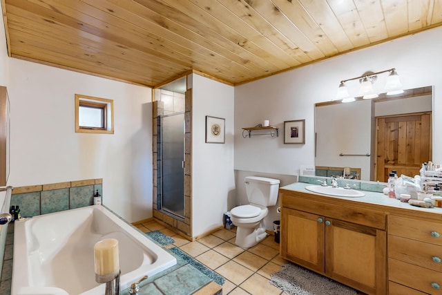 387 County Rd B64, Pecos, NM 87552 - bathroom with wooden ceiling, a garden tub, toilet, a shower stall, and vanity