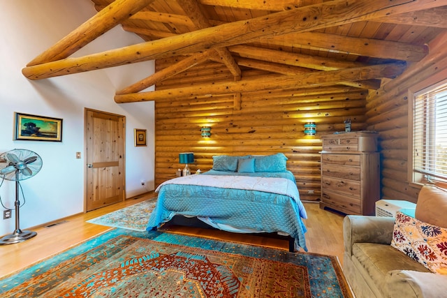 387 County Rd B64, Pecos, NM 87552 - bedroom with log walls, beamed ceiling, high vaulted ceiling, and wood finished floors