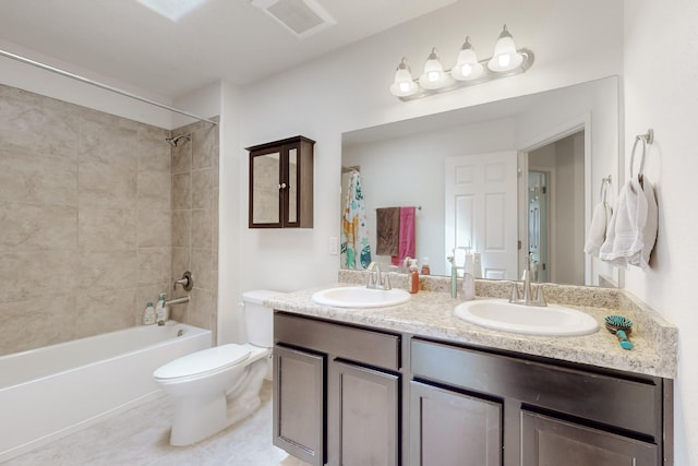 7105 Napoleon Rd NE, Rio Rancho, NM 87144 - bathroom with toilet, double vanity, bathing tub / shower combination, and tile patterned flooring
