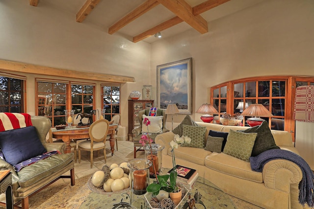 253 Spring Creek Pl NE, Albuquerque, NM 87122 - living room with beamed ceiling and a towering ceiling