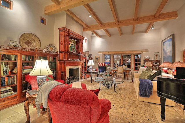 living room featuring light tile patterned flooring, a fireplace with flush hearth, a high ceiling, beam ceiling, and recessed lighting