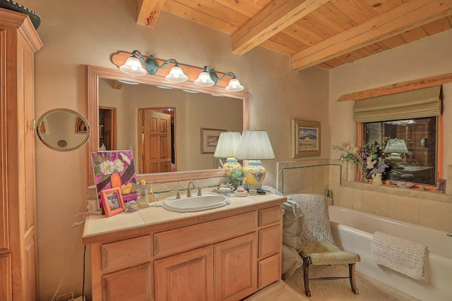 bathroom featuring a bath, wooden ceiling, vanity, and beam ceiling