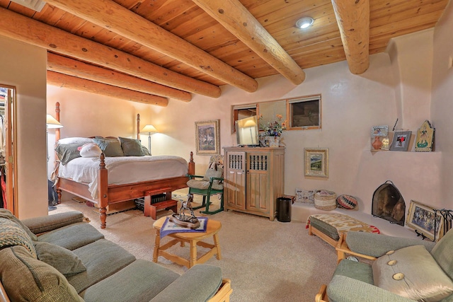 carpeted bedroom featuring wooden ceiling, beamed ceiling, and recessed lighting